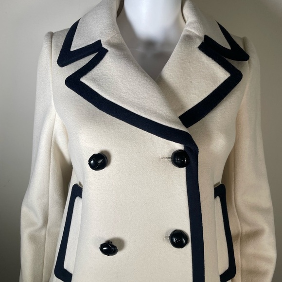 J. Crew Wool Cream Navy Trim Pea Coat Nello Gori Italian Fabric Jacket Womens 2 - Picture 2 of 16